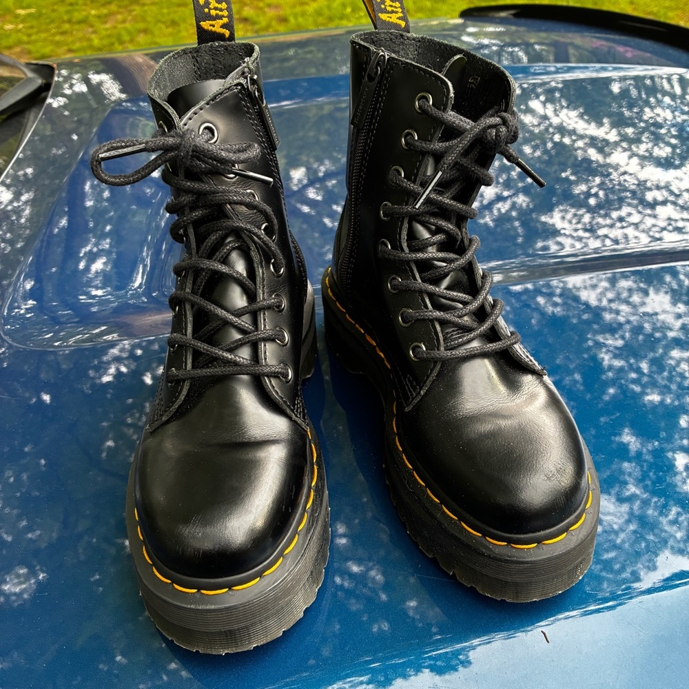 Dr. Martens Black Leather Ankle Boots with Yellow Accents